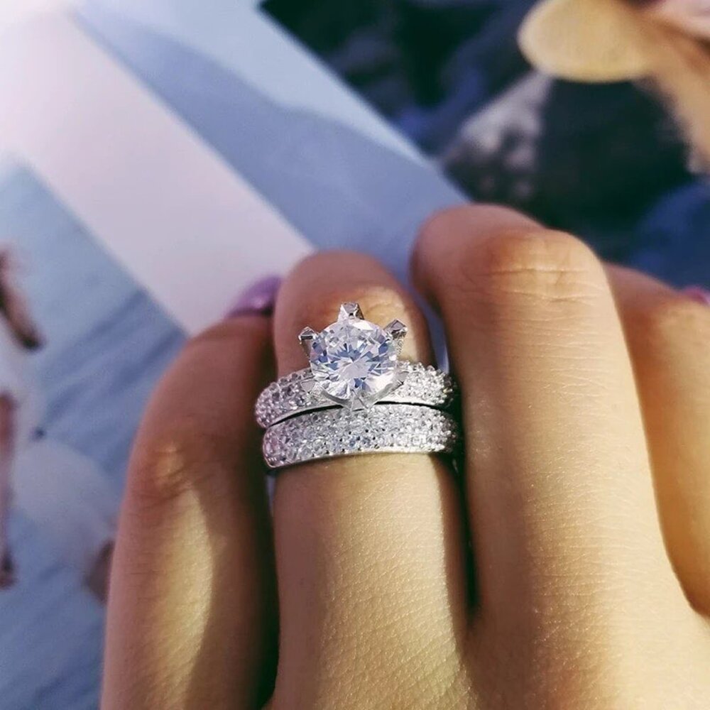 Wedding Ring Set of White Zirconia Round Cut with Pavé Accents in Sterling Set